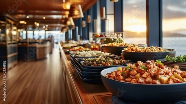 Fototapeta Lavish Buffet Spread on a Cruise Ship Featuring Delicious Dishes Against a Scenic Ocean Sunset Backdrop