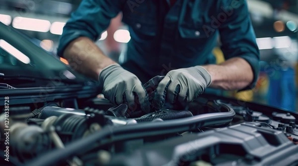Fototapeta Skilled Mechanic Performing Detailed Engine Maintenance in Workshop