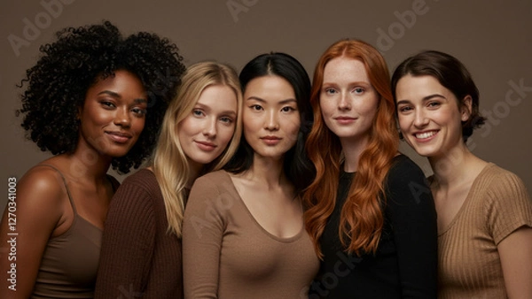 Obraz A collection of women from different ethnicities stands in a studio with a brown background, emphasizing their camaraderie and the closeness among them