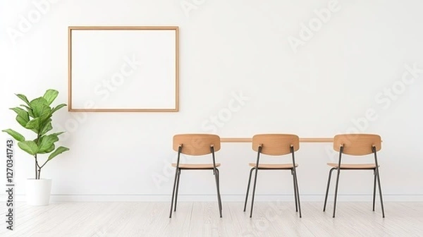 Obraz Minimalistic interior design featuring three chairs, a blank frame, and a potted plant