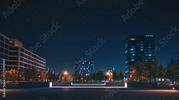 Fototapeta A quiet city plaza with a skyline under clear night skies. Featuring calm and elegance
