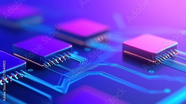 Fototapeta A vibrant close-up of microchips on a circuit board, showcasing intricate details and a blend of purple and blue lighting.