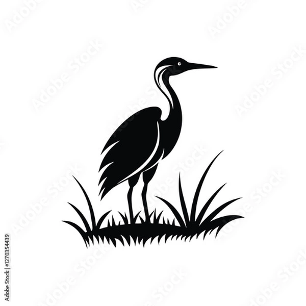 Obraz Black and White Heron Bird Silhouette with Grass – Vector Illustration