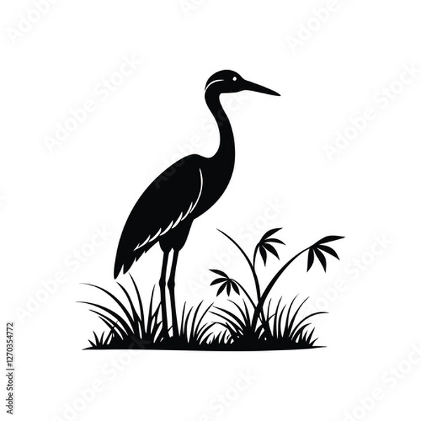 Obraz Black and White Heron Bird Silhouette with Grass – Vector Illustration