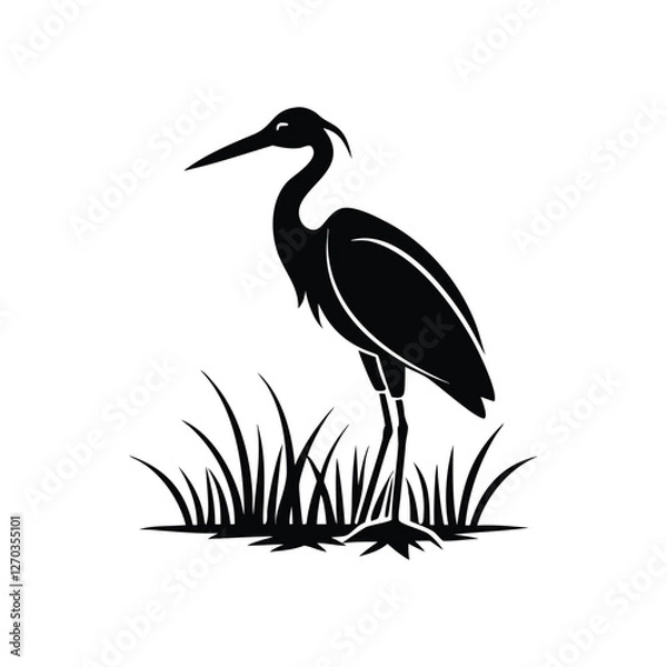 Fototapeta Black and White Heron Bird Silhouette with Grass – Vector Illustration