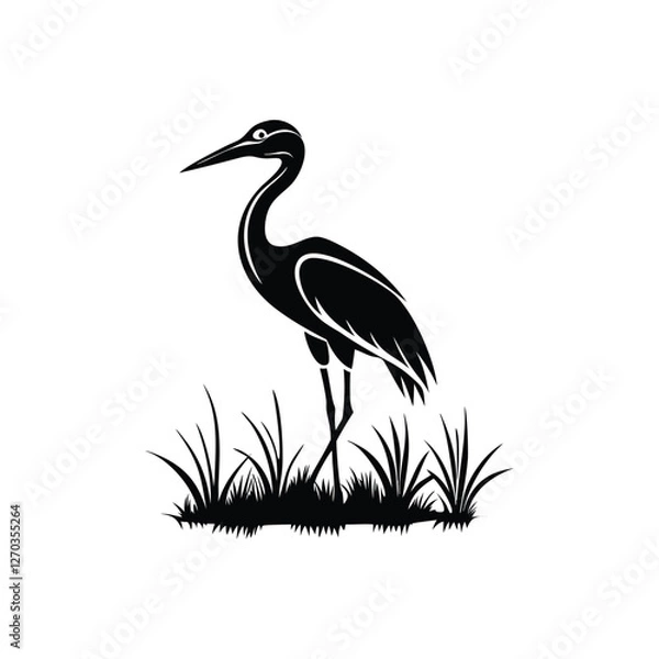 Obraz Black and White Heron Bird Silhouette with Grass – Vector Illustration