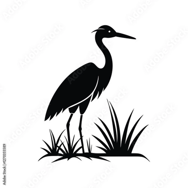 Obraz  Black and White Heron Bird Silhouette with Grass – Vector Illustration