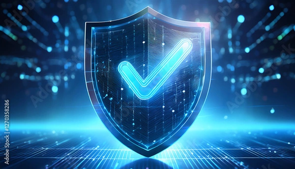 Obraz A digital shield with a glowing checkmark symbolizing security and verification in a futuristic, tech-themed environment.