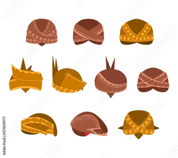 Fototapeta An illustration set featuring various styles of Blangkon, the traditional Javanese head cap, in different patterns and regional designs. For cultural projects, heritage and traditional design material