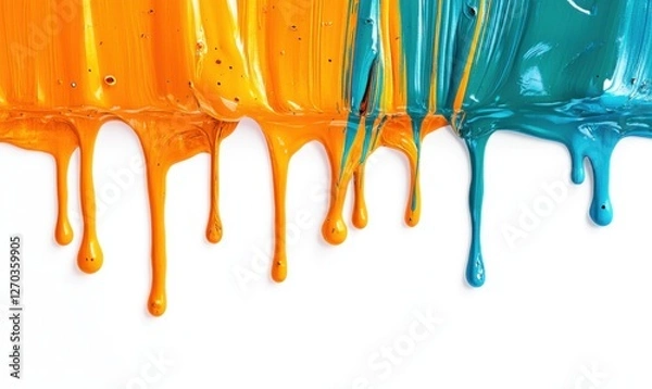 Obraz Dripping orange and blue paint on white background, abstract art texture for design