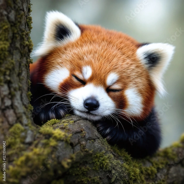 Obraz Peaceful Red Panda Napping on Mossy Branch in Natural Habitat