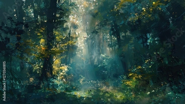 Fototapeta Mystical Sunlit Forest Painting with Lush Greenery
