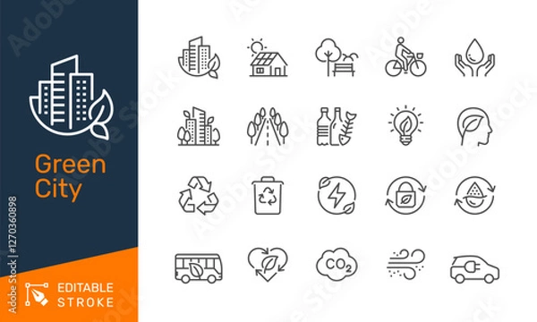 Fototapeta Green city thin line icons. Editable stroke. Pixel perfect.