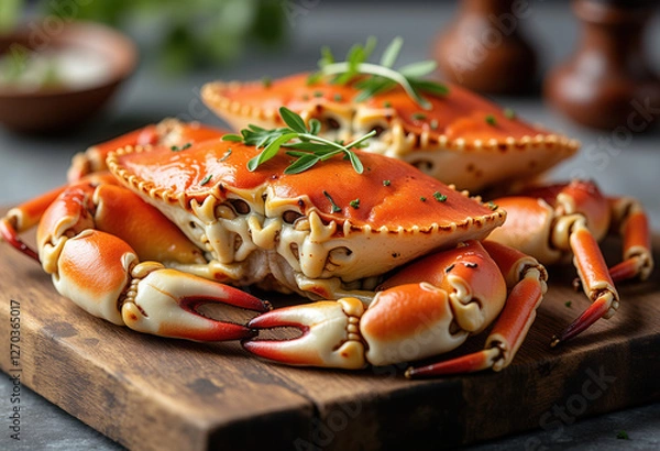 Obraz Two Boiled Crabs on a Wooden Board, Restaurant Serving