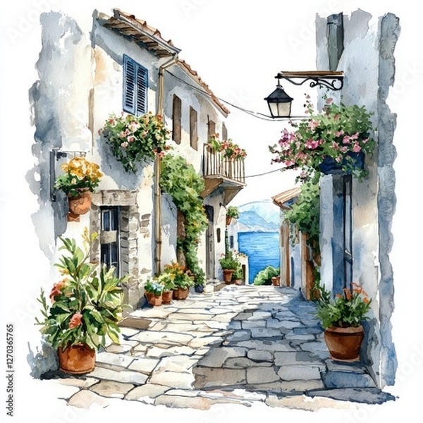 Obraz Watercolor painting of a narrow street in a coastal village with flowers hanging from windows, on isolated white background