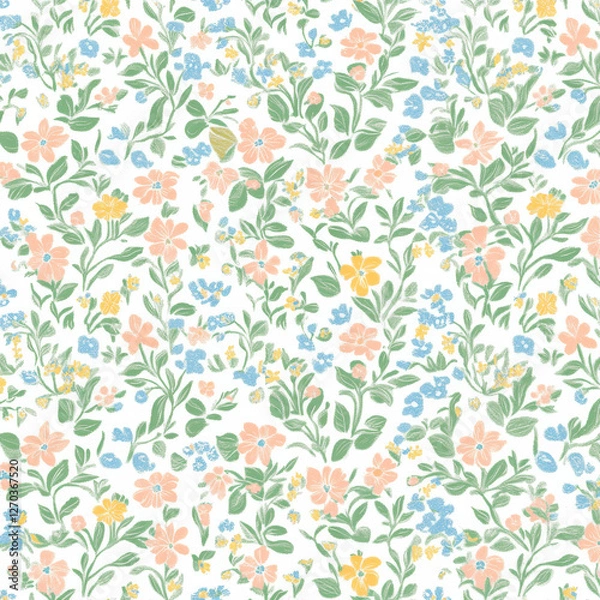 Obraz Floral pattern with pastel flowers and green leaves