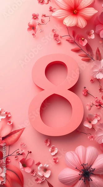 Fototapeta 8 March, International Women's Day, figure eight and flowers on a pink background, top view, created with Generative AI technology