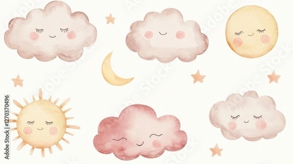 Fototapeta A charming watercolor illustration featuring fluffy smiling clouds, glowing suns, and a cute crescent moon in pastel tones.