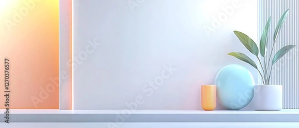 Fototapeta Decorative plant display on minimalist shelf modern interior still life bright environment aesthetic viewpoint