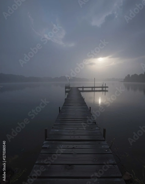 Fototapeta A foggy pier stretches over a calm lake, with soft light filtering through the mist