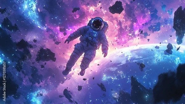 Fototapeta A cosmic astronaut floating above Earth surrounded by glowing space debris 
