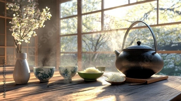 Fototapeta Tranquil Tea Ceremony with Steam and Natural Light in Serenity