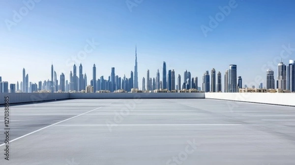 Fototapeta A spacious empty car plaza with a modern city skyline in the background. Featuring sleek design and openness