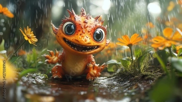 Obraz Happy dragonlet, rain, forest, flowers, puddle, animation