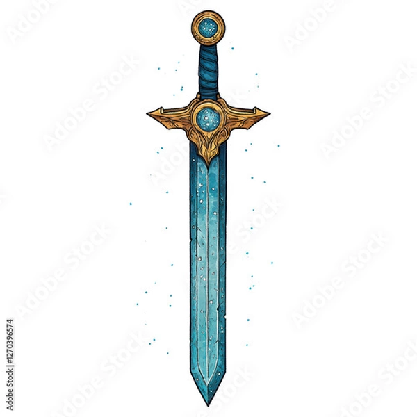 Fototapeta A stunning sword with a blue blade and ornate golden hilt, featuring a striking gem at the pommel. isolated on white background