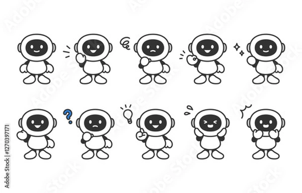Fototapeta いろいろな表情･ポーズをするAIロボットの全身セット【ベクターイラスト素材】