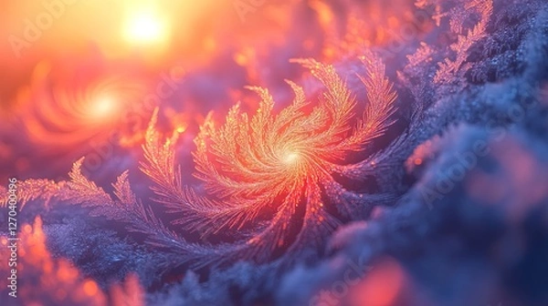 Fototapeta Intricate macro shot of frost patterns on a window during sunrise 