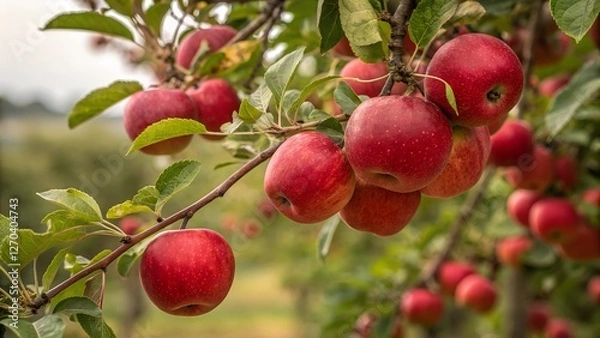 Obraz A Bounty of Red Apples on Branch: A close-up shot showcases a cluster of ripe, red apples hanging from a tree branch, creating a vivid display of nature's harvest.