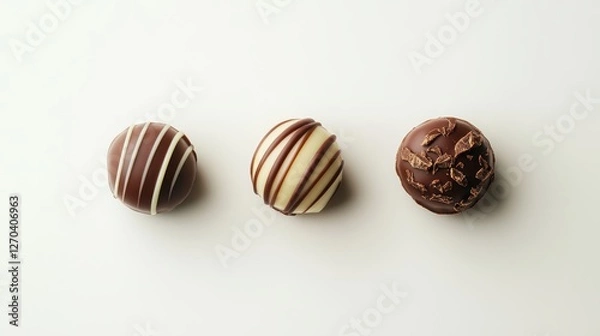 Fototapeta Three assorted chocolate truffles on white. Perfect for Valentine's, dessert, or chocolate themes.