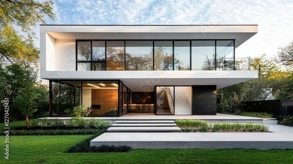 Obraz Sustainability at Home A sleek, modern home, its windows a gateway to a vibrant world beyond, stands majestically against a stark white transparent backdrop, its minimalist design emphasizing the