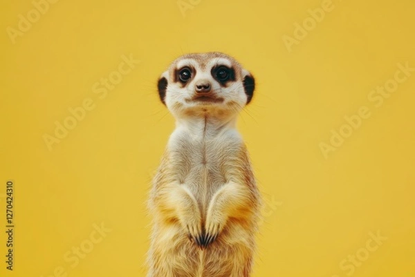 Fototapeta Adorable meerkat standing on yellow background. Perfect for websites, blogs, or social media needing a cute, attention-grabbing image.