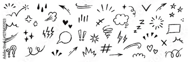 Fototapeta Line movement element hand drawn chalk effect decoration shape. Hand drawn cute doodle line element arrow, emphasis, shock, sparkle. Motion cartoon movement chalk icon. Vector illustration