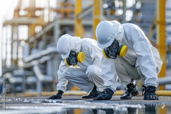 Fototapeta Two hazmat workers in protective suits inspect a spill at an industrial site.