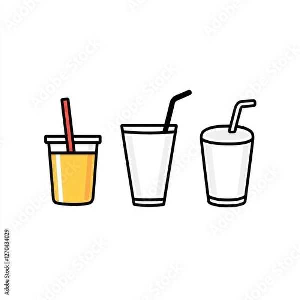 Fototapeta Three cups with straws; juice, milk, empty; white background; menu design