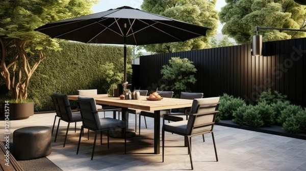 Fototapeta sleek backyard table with umbrella