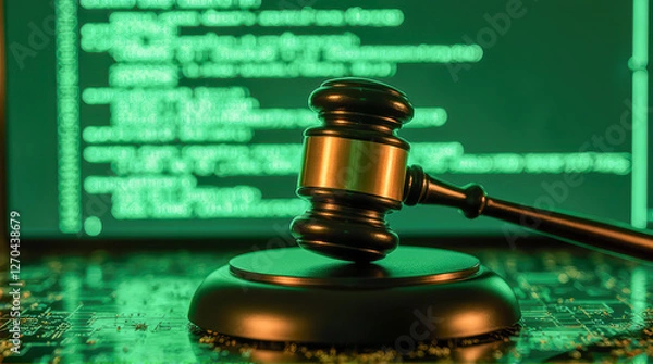 Fototapeta Gavel on a Circuit Board Against a Code-Driven Background Representing Law and Technology Integration in the Digital Age