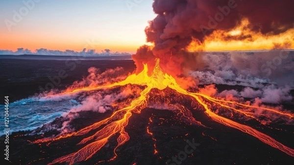 Fototapeta Volcanic landscapes idea. A captivating view of an erupting volcano at sunset, showcasing lava flows and smoke.