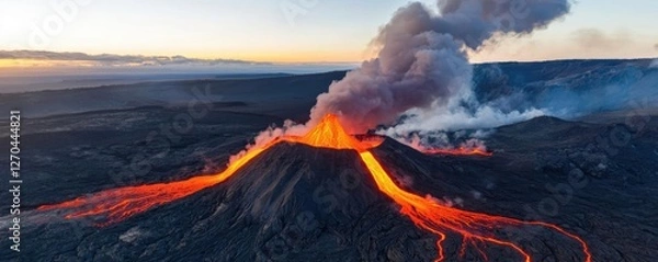 Obraz Volcanic landscapes idea. A stunning aerial view of an erupting volcano, showcasing flowing lava and smoke.