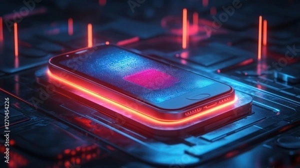 Fototapeta Smartphone charging futuristic circuit neon background