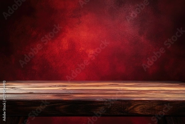 Obraz Rustic wooden table against red textured wall (1)