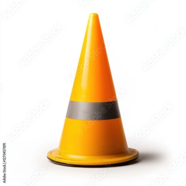 Fototapeta Architecture and construction sites concept. Bright Yellow Traffic Cone with Reflective Stripe Isolated on White Background for Safety