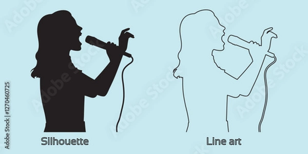 Obraz silhouette of woman singer with microphone hand drawing line art vector illustration