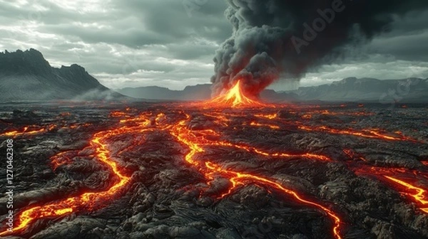 Fototapeta Volcanic landscapes concept. A dramatic volcanic eruption with flowing lava and ominous clouds overhead.