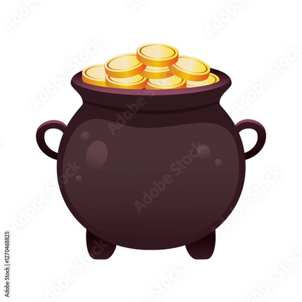 Obraz Pot of gold vector cartoon illustration. Black pot filled with golden coin. Irish, St. Patrick's Day celebration theme design element isolated on white.