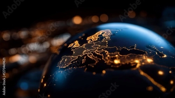 Fototapeta Glowing digital world map depicting european and middle eastern regions