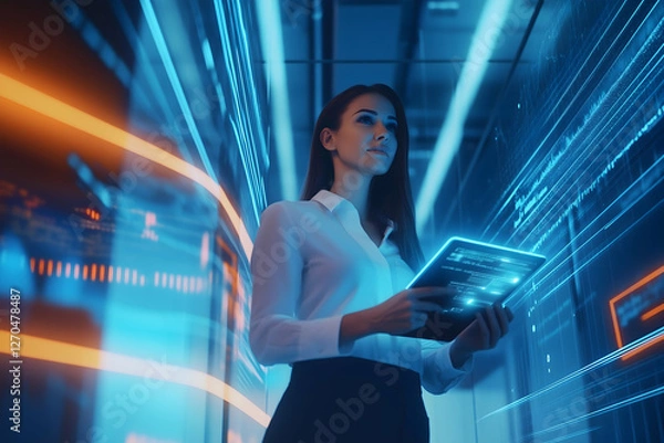 Fototapeta A professional woman interacts with a digital tablet, surrounded by vibrant blue and orange data streams in a futuristic environment.